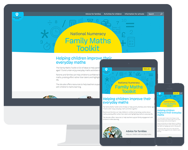 Screenshots of the Family Maths Toolkit website on computer screen and mobile devices