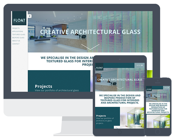 Screenshots of the Float Glass website on a computer screen and multiple devices