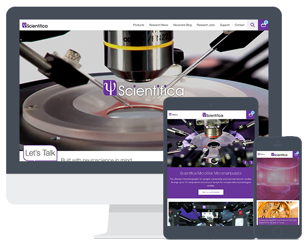 Screenshots of the Scientifica website on a computer screen and mobile devices